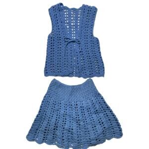 60s handmade crocheted blue skirt and vest